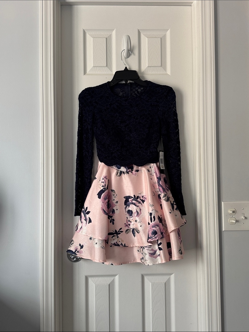 Lush Black Lace Top Pink Floral Tiered Dress